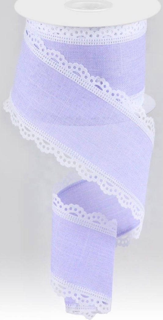 10 Yards - 2.5” Wired Lavender Ribbon with Lace Edge