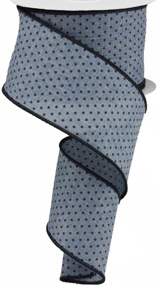 10 Yards - 2.5” Wired Denim with Black Swiss Dots Ribbon