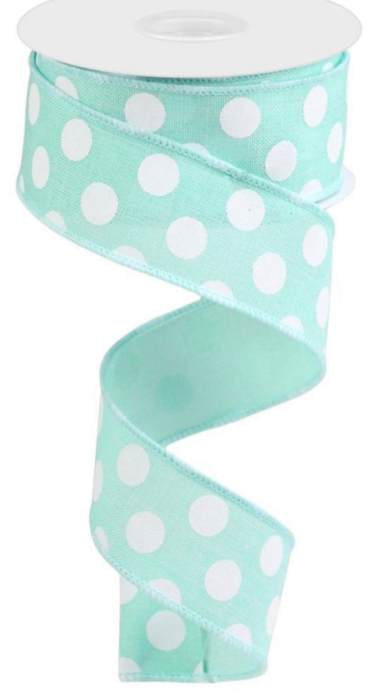 10 Yards - 1.5” Wired Aqua and White Polka Dot Ribbon