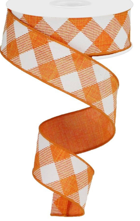 10 Yards - 1.5” Wired Orange and White Cross Check Ribbon