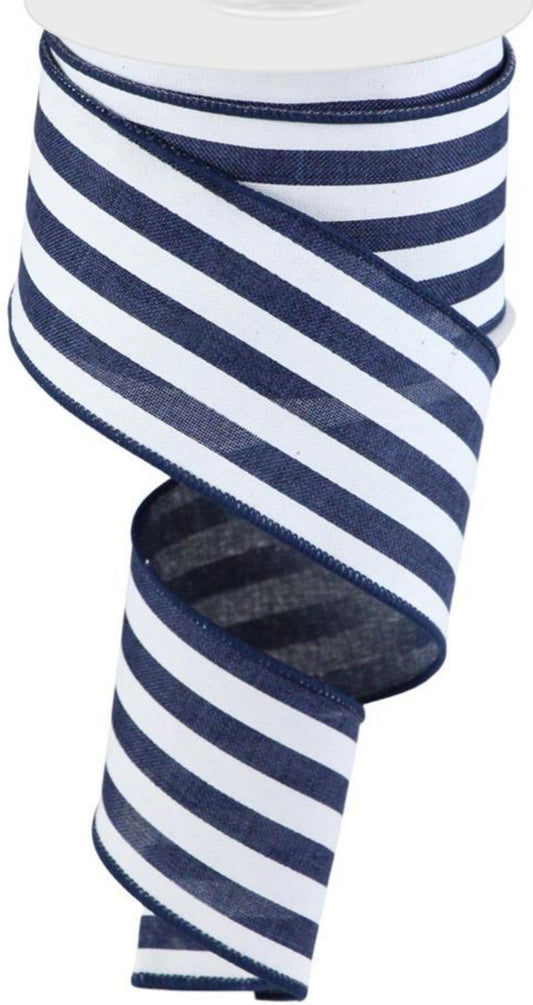 10 Yards - 2.5” Wired Navy and White Stripe Ribbon