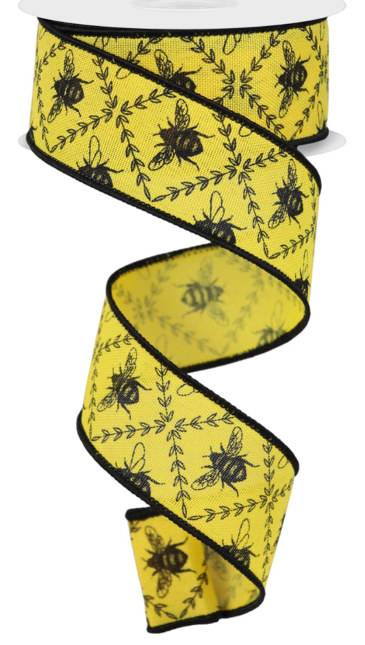 10 Yards - 1.5” Wired Yellow Vintage Inspired Bee Ribbon