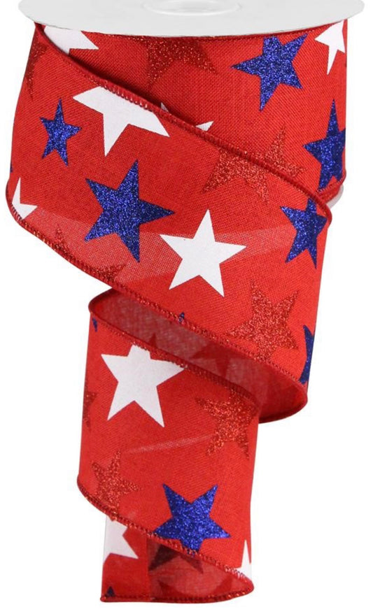 10 Yards - 2.5” Wired Red Background Patriotic Star Ribbon with Glitter Accent