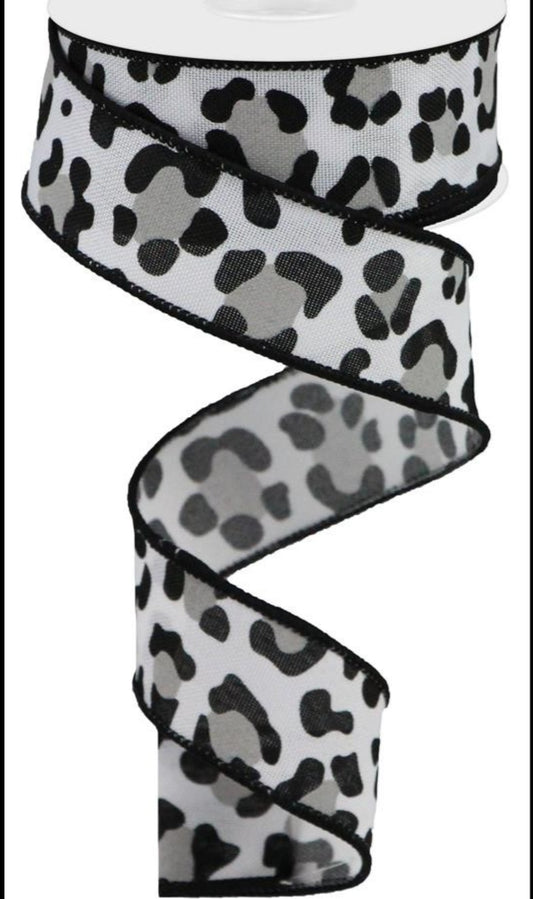 10 Yards - 1.5” Black, White, and Gray Cheetah Print Ribbon