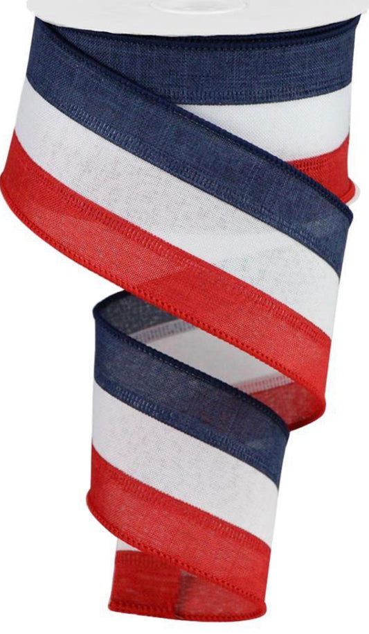 10 Yards - 2.5” Wired Red, White, and Navy Blue Patriotic Stripe Ribbon