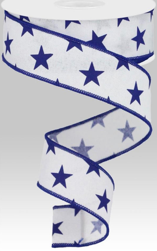 10 Yards - 1.5” Wired White with Blue Stars Patriotic Ribbon