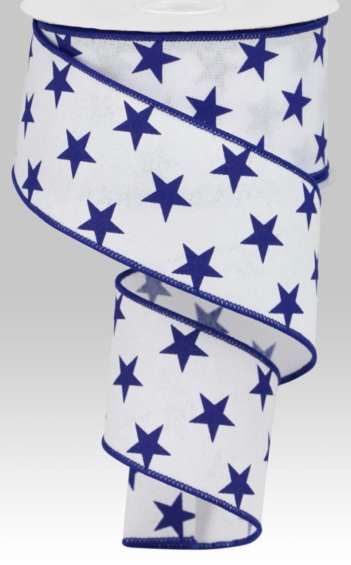 10 Yards - 2.5” Wired White with Blue Star Patriotic Ribbon