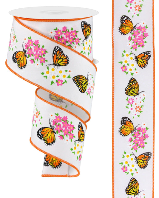 10 Yards - 2.5” Wired White Background Monarch Butterfly Floral Ribbon