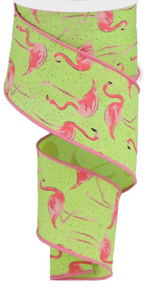 10 Yards - 2.5” Wired Lime Green Pink Flamingo Ribbon with Glitter Accent