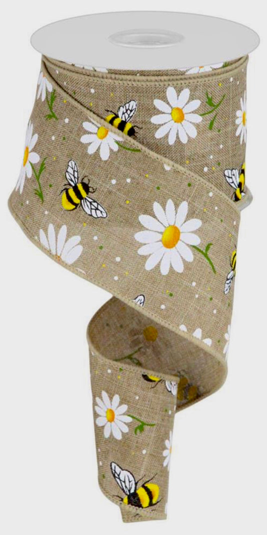 10 Yards - 2.5” Natural Bee Floral Ribbon