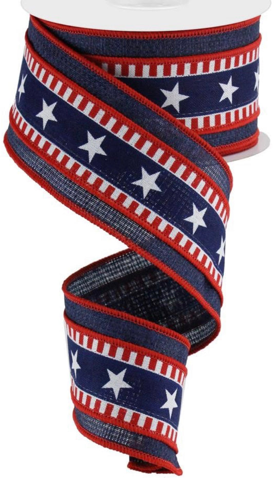 10 Yards - 2.5” Wired Navy Patriotic Stars and Stripes Ribbon