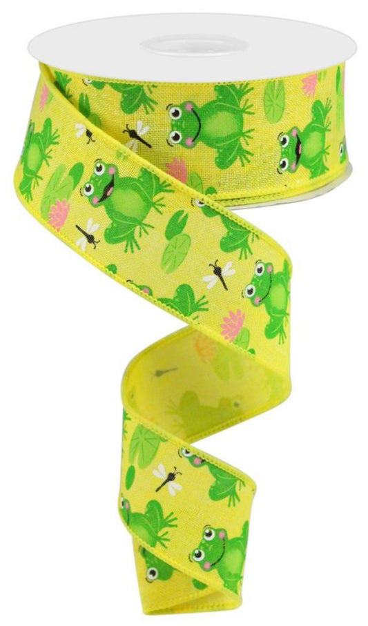 10 Yards - 1.5” Wired Yellow Background Frog Ribbon