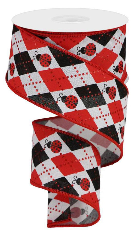 10 Yards - 2.5” Ladybug Argyle Ribbon With Glitter Accent