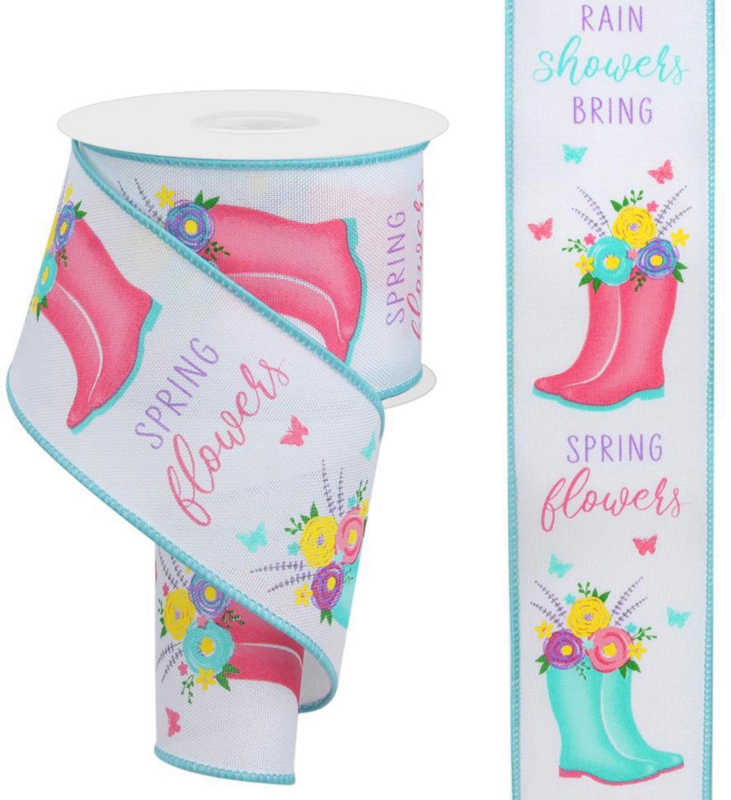 10 Yards - 2.5” White Rain Boot Floral Ribbon