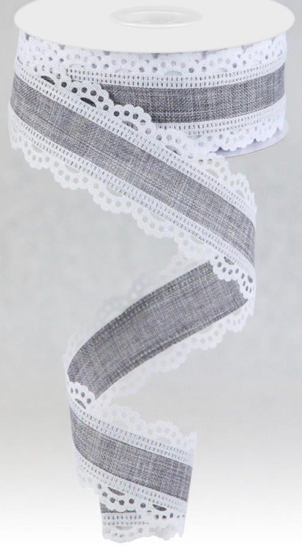 10 Yards - 1.5” Wired Gray with Lace Edge Ribbon