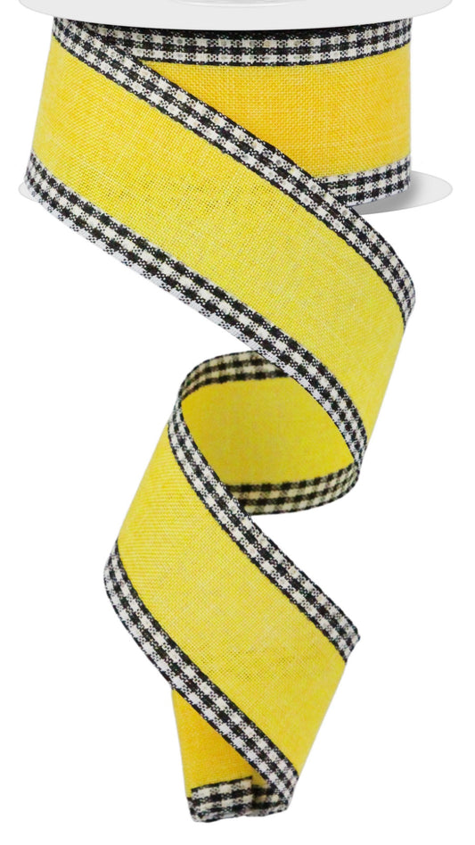 10 Yards - 1.5” Wired Yellow Background with Black and White Gingham Check Edge Ribbon