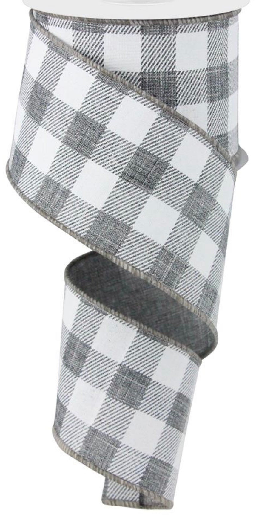 10 Yards - 2.5” Wired Gray and White Check Ribbon