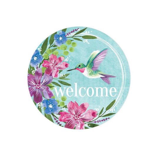 8” Round Metal Welcome Hummingbird Wreath Sign