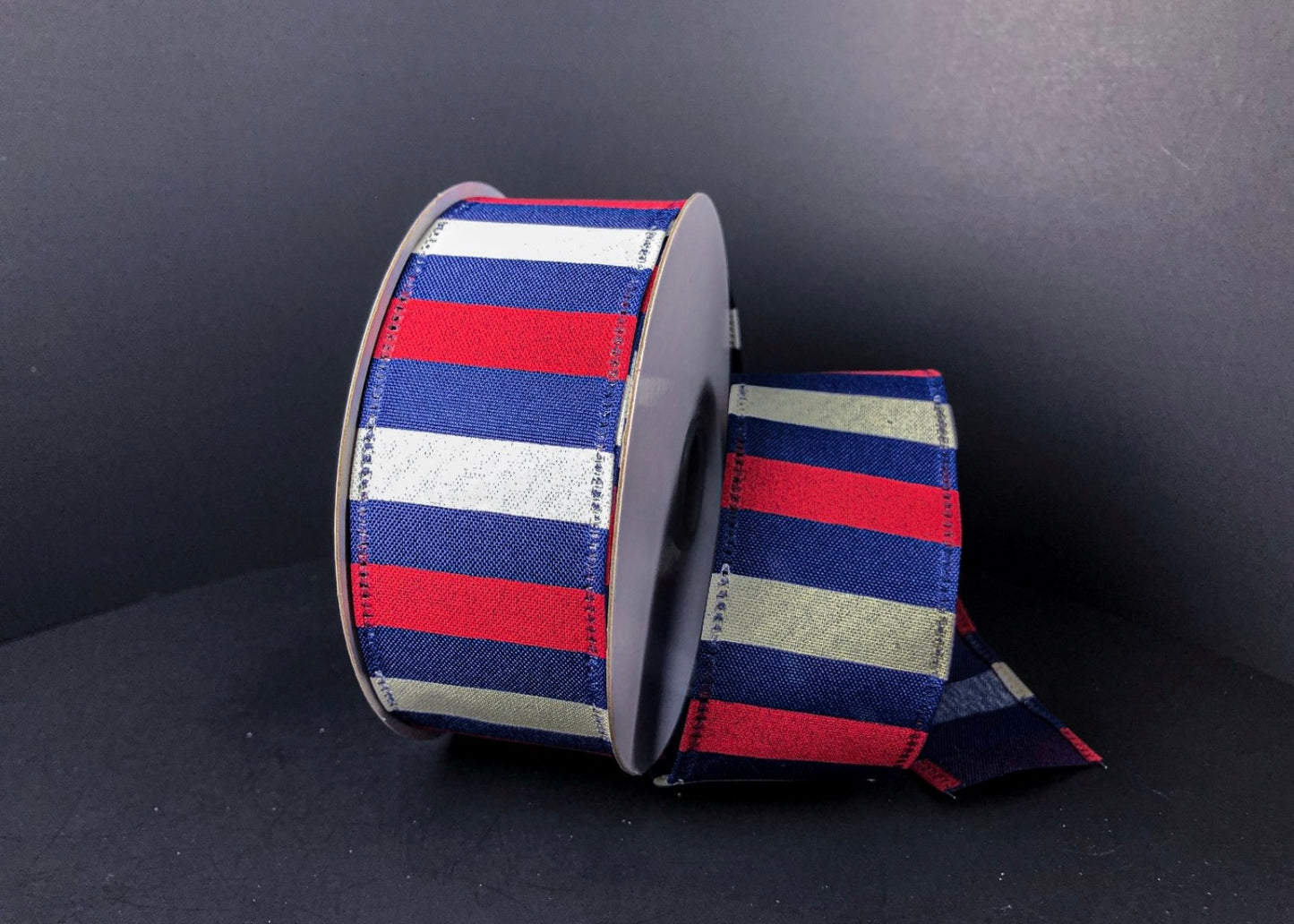 10 Yards - 1.5” Wired Navy Blue Patriotic Stripe Ribbon