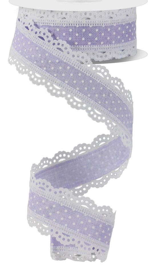 10 Yards - 1.5” Wired Lavender and White Swiss Dot Ribbon with White Lace Detail