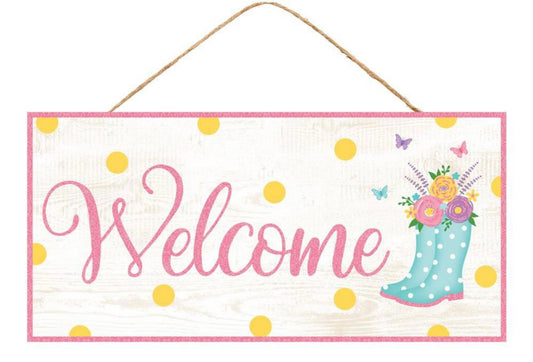 12.5”x6” Welcome Glitter Rain Boots Wreath Sign