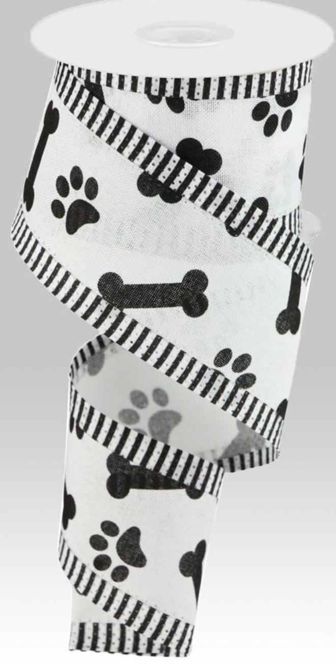 10 Yards - 2.5” Wired Black and White Dog Ribbon with Stripe Edge