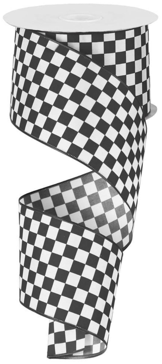 10 Yards - 2.5” Wired Black and White Race Check Ribbon