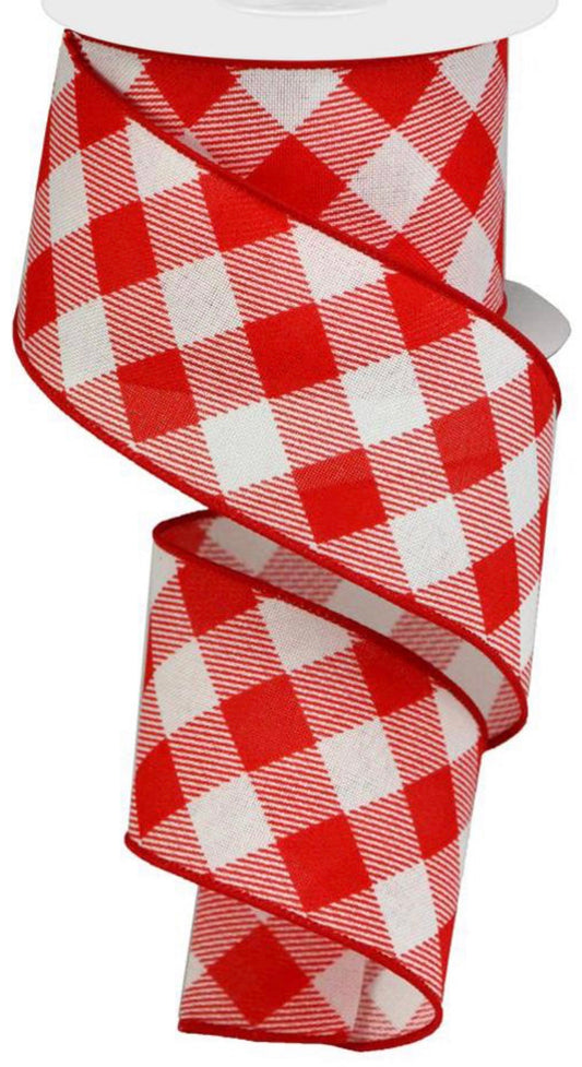 10 Yards - 2.5” Wired Red and White Cross Check Ribbon