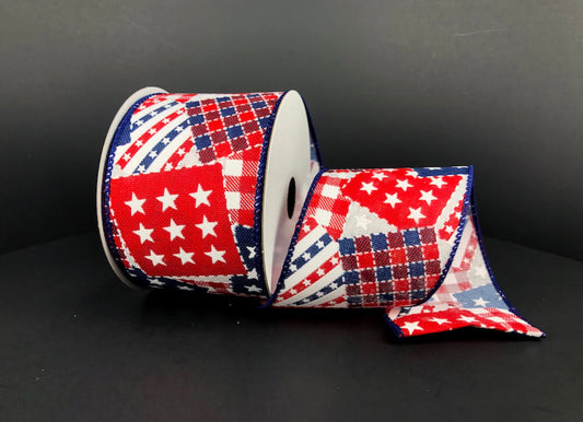 10 Yards - 2.5” Wired Patriotic Patchwork Ribbon