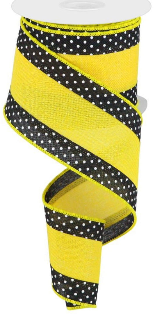 10 Yards - 2.5” Wired Black, Yellow, and White Swiss Dot Edge Ribbon