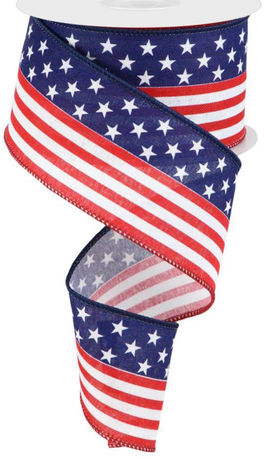 10 Yards - 2.5” Wired American Flag Ribbon