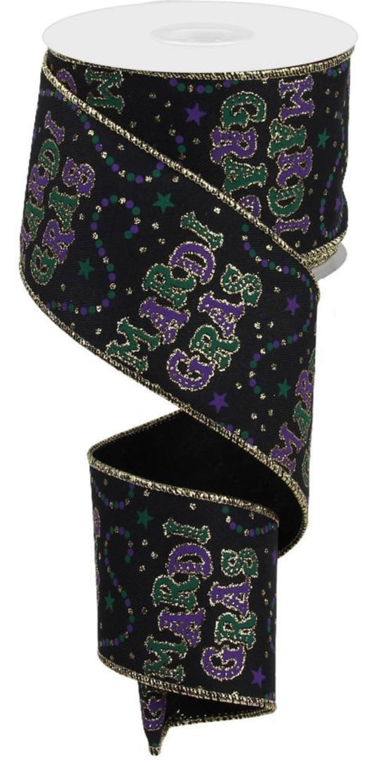 10 Yards - 2.5” Wired Black Mardi Gras Ribbon with Gold Glitter Accent