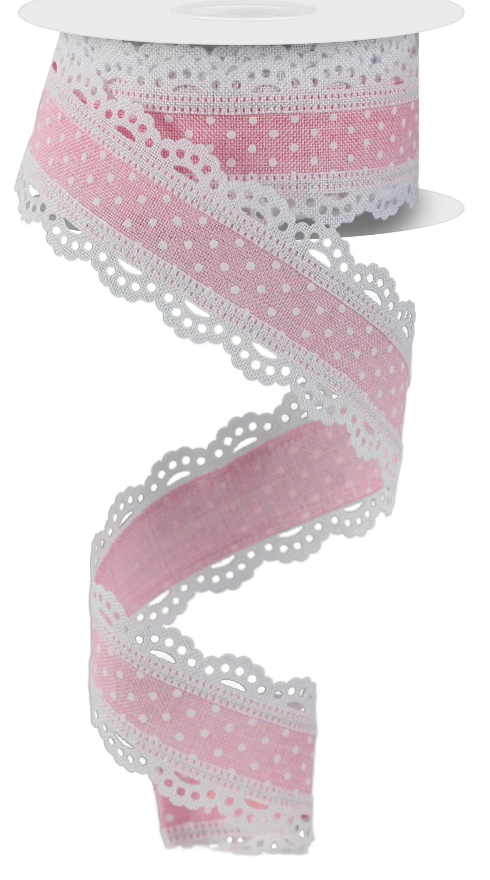 10 Yards - 1.5” Wired Pink and White Swiss Dot with Lace Edge Ribbon