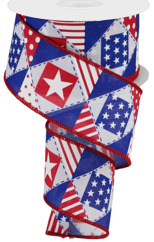 10 Yards - 2.5” Wired Patriotic Patchwork Ribbon