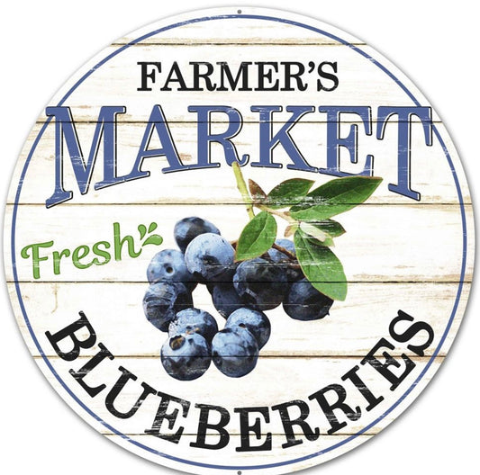 12” Round Metal Farmers Market Blueberry Wreath Sign