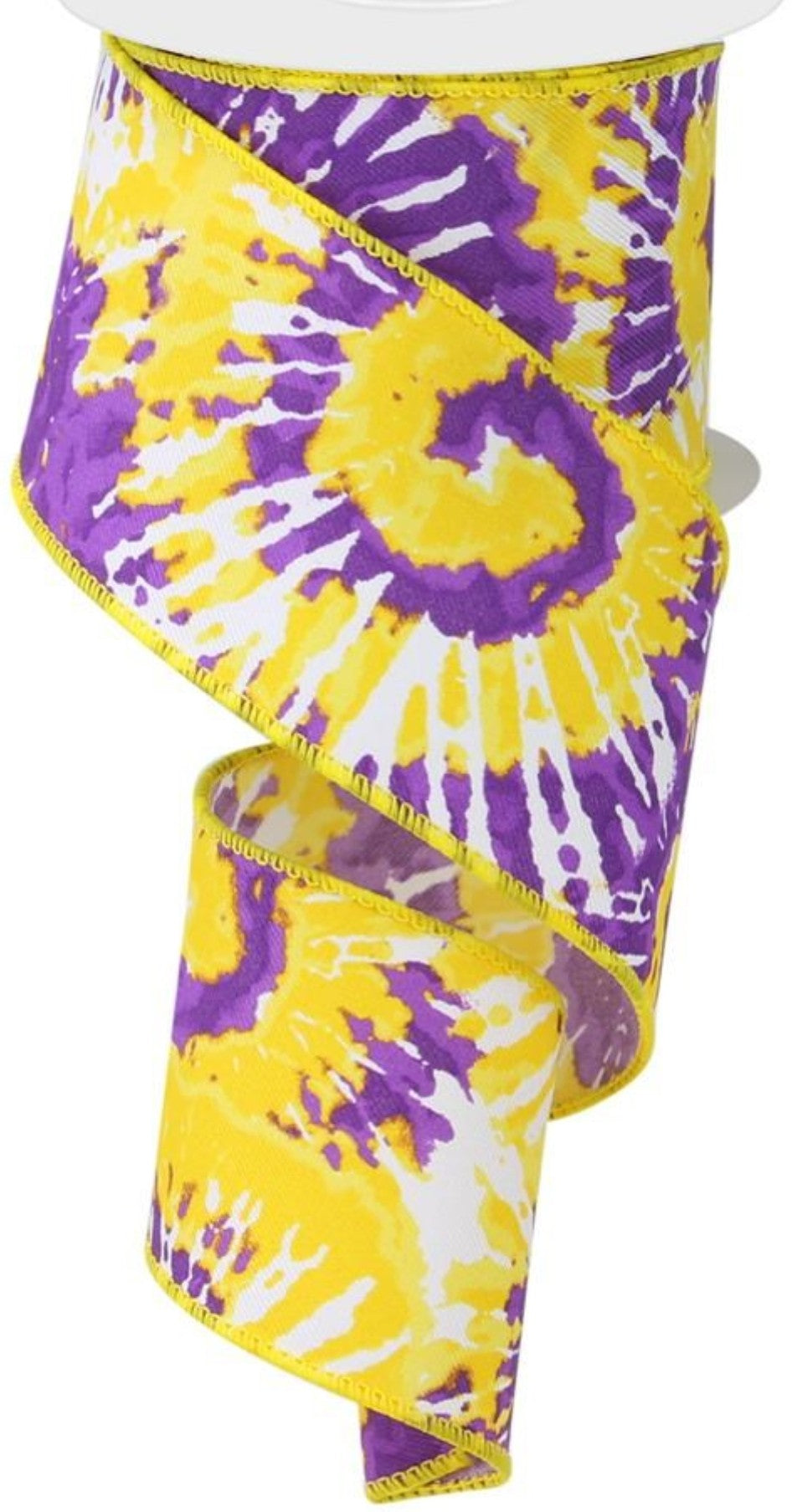 10 Yards - 2.5” Yellow, Purple, and White Tie Dye Ribbon