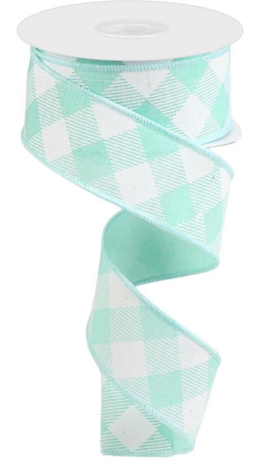 10 Yards - 1.5” Wired Mint and White Cross Check Ribbon