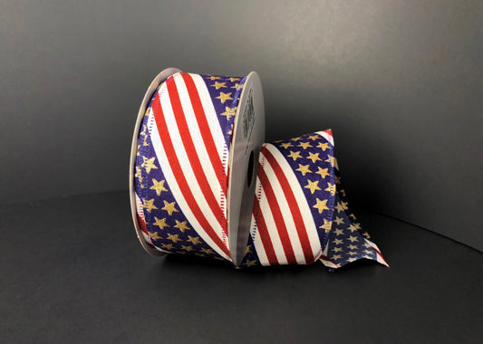 10 Yards - 1.5” Wired Patriotic Gold Stars and Stripes Ribbon