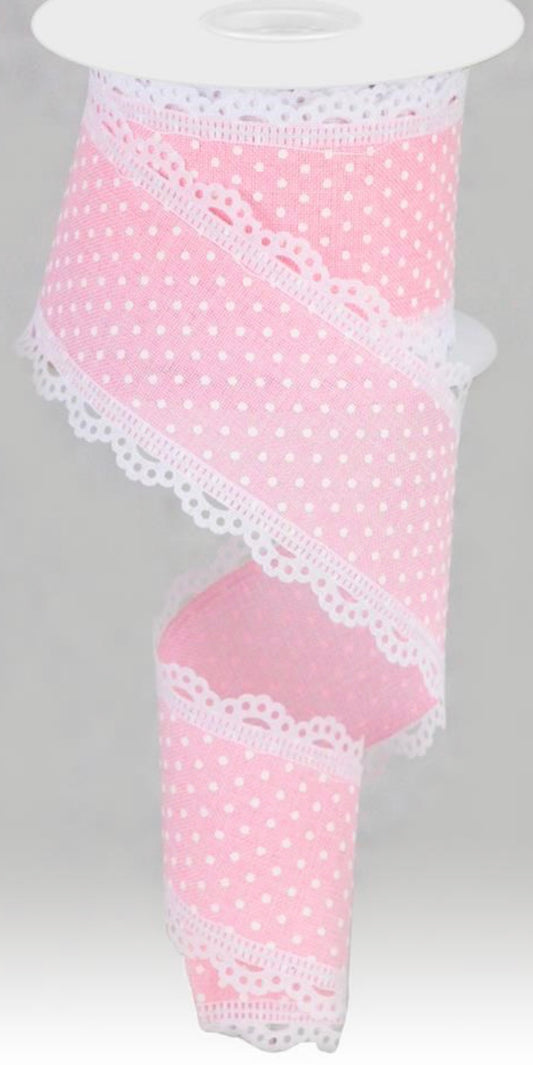 10 Yards - 2.5” Wired Pink and White Swiss Dot Ribbon with Lace Edge