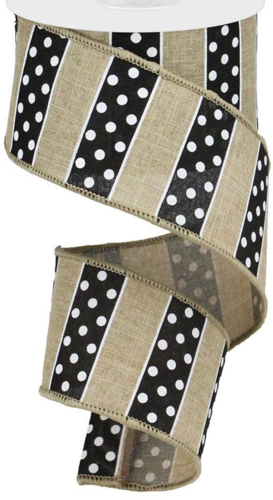 10 Yards - 2.5” Wired Natural, Black, and White Polka Dot Stripe Ribbon