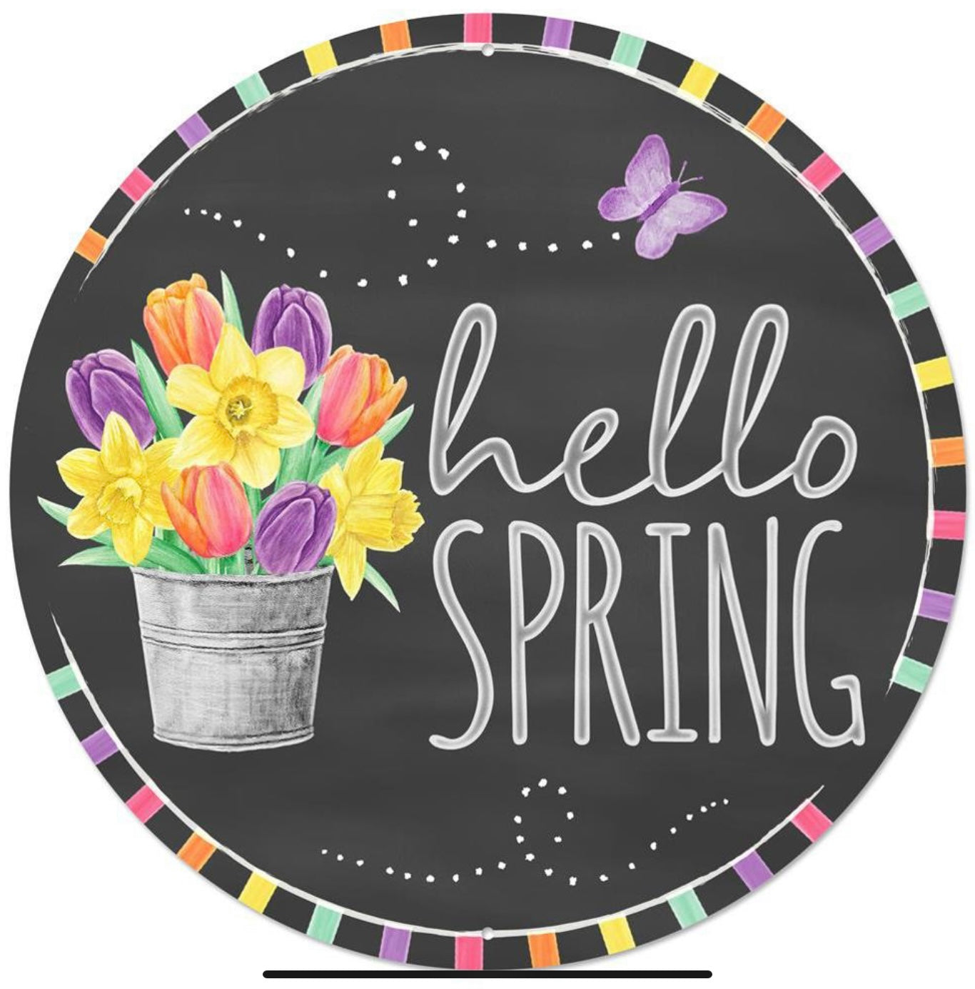 12” Round Metal Hello Spring Wreath Sign