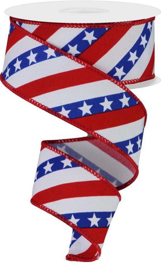 10 Yards - 1.5” Wired Red, White, and Blue Patriotic Ribbon