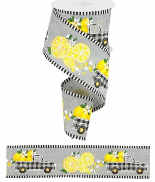 10 Yards - 2.5” Wired Lemons and Trucks Ribbon