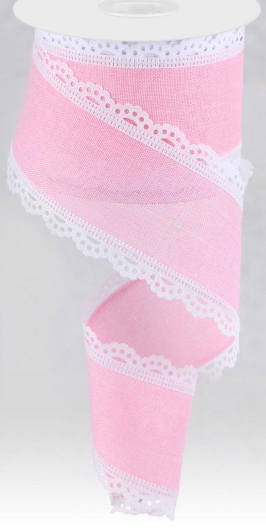 10 Yards - 2.5” Wired Pink with White Lace Edging Ribbon