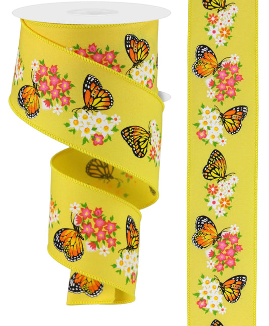 10 Yards - 2.5” Wired Yellow Background Monarch Butterfly Floral Ribbon