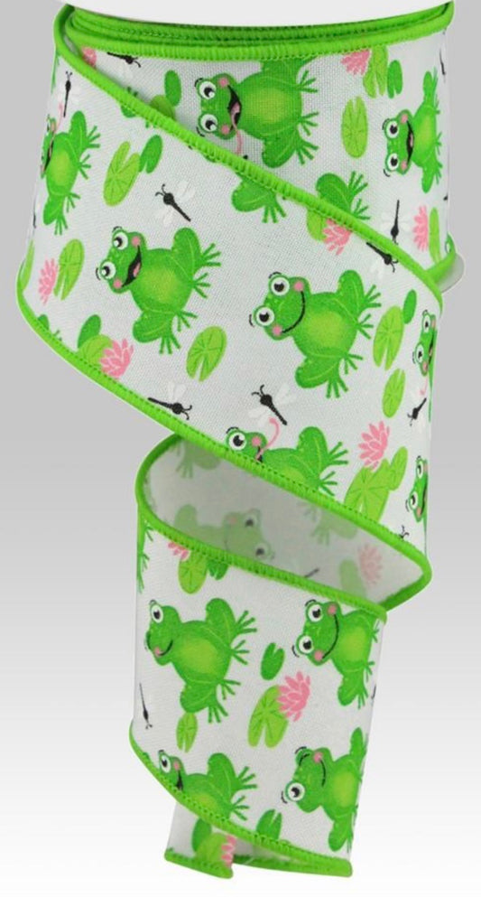 10 Yards - 2.5” Wired White Background Spring Frog Ribbon