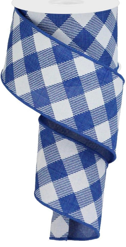 10 Yards - 2.5” Wired Royal Blue and White Cross Check Ribbon