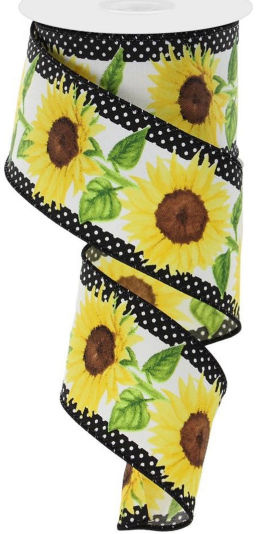 10 Yards - 2.5” Wired Sunflower Ribbon with Swiss Dot Border