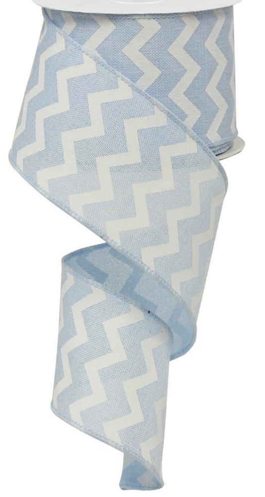 10 Yards - 2.5” Wired Baby Blue and White Chevron Ribbon