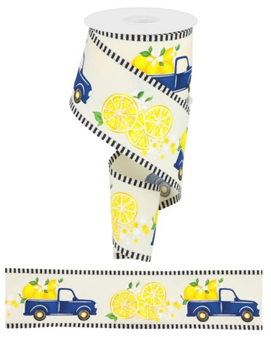 10 Yards - 2.5" White Ribbon with Blue Truck and Lemons